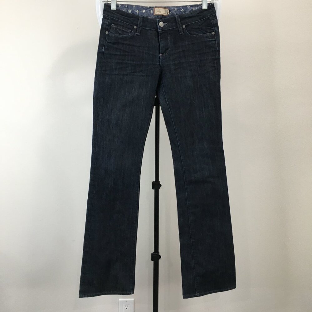 PAIGE Denim Dark Wash BEL AIR Classic Rise Boot Cut 5 Pocket Logo Hardware Jeans